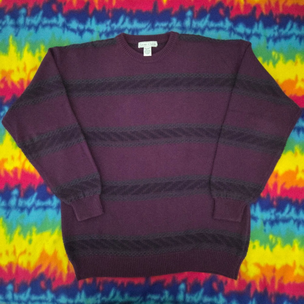 Vintage Izod Club Sweater Mens L Purple Striped Cotton Crewneck Australia Cosy